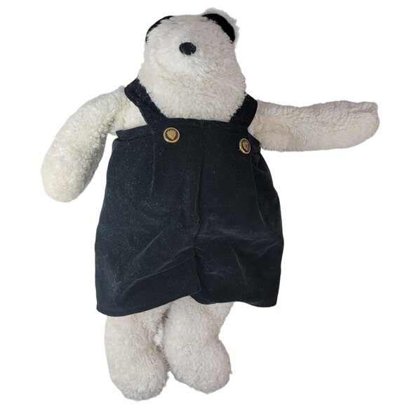 Woof & Poof Polar Bear Plush White 19" Black Velvet Overalls Gold Button Vintage - Picture 9 of 11